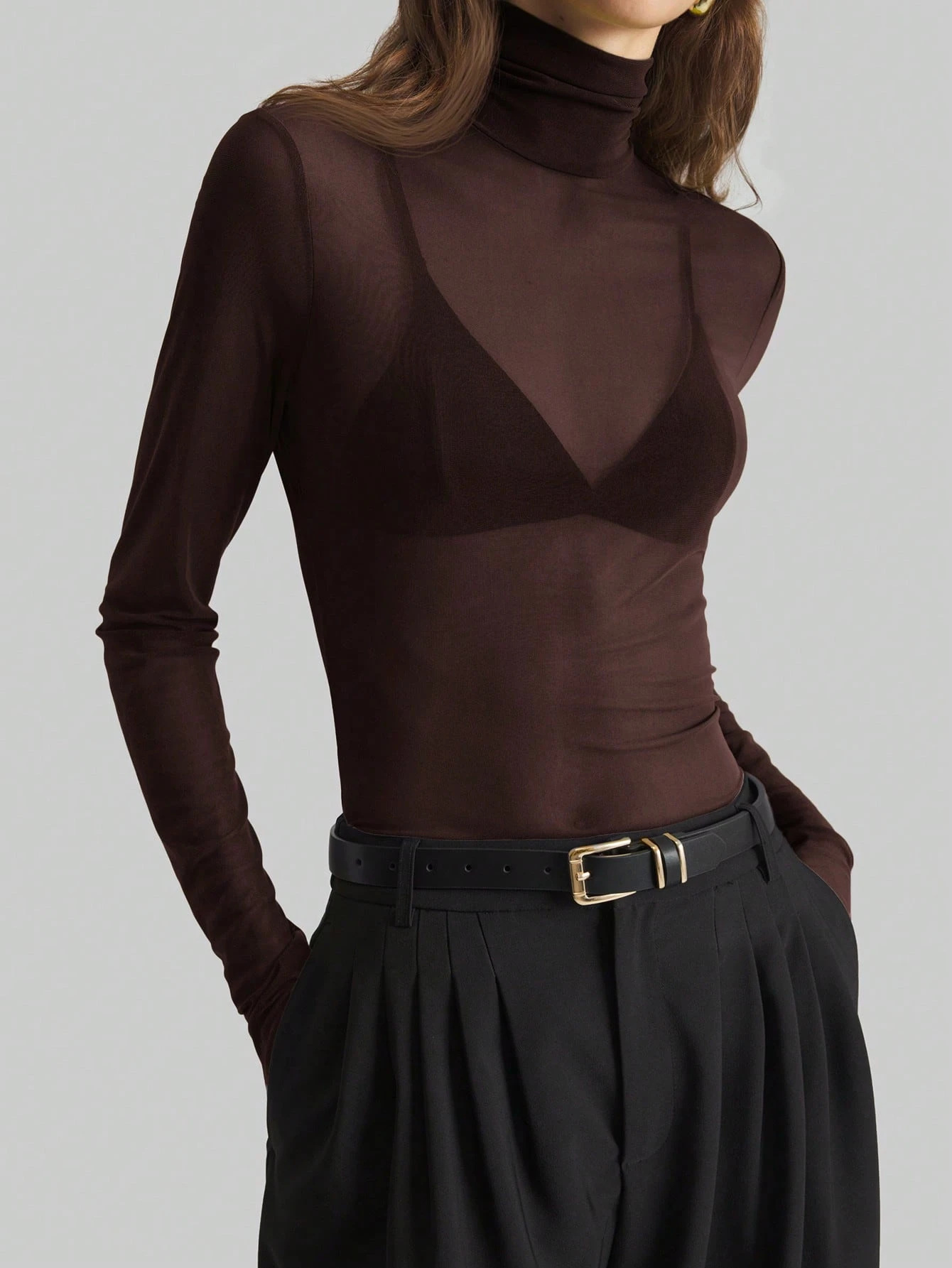 Womens Elegant Turtleneck Mesh Top Sexy Long Sleeve Semi-Sheer Slim T-shirts